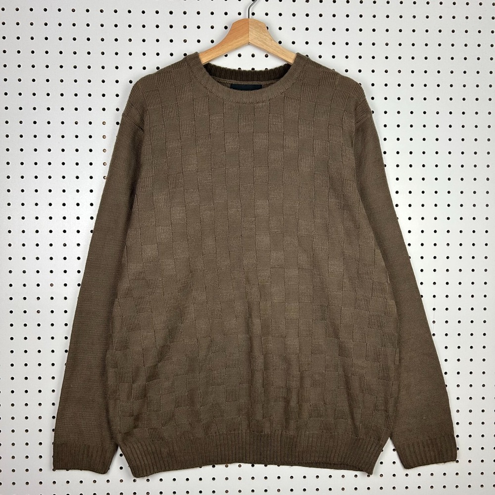 Geoffrey Beene Chocolate Brown Checkered Knit Sweater XL Grandpa 90s Soft Chunky